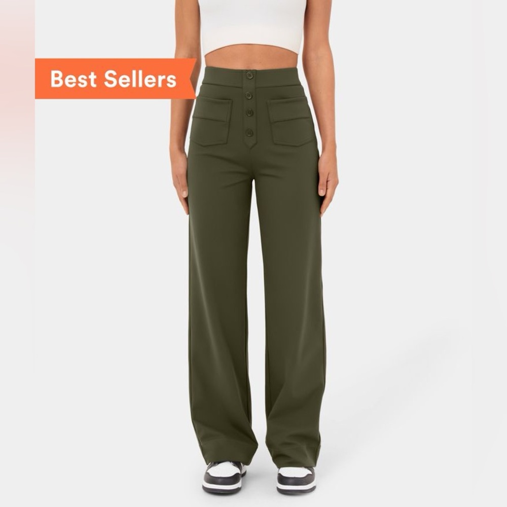 High Waisted Button Straight Leg Casual Pants Forest Night Small (4/6) Petite